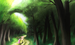 Size: 2000x1200 | Tagged: safe, artist:narbarnar, fluttershy, pegasus, pony, folded wings, forest, path, rear view, scenery, solo, walking