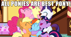 Size: 610x318 | Tagged: safe, derpibooru import, screencap, applejack, fluttershy, pinkie pie, rainbow dash, rarity, twilight sparkle, earth pony, pegasus, pony, unicorn, best pony, hug, image macro, mane six, meme, truth