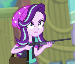 Size: 700x600 | Tagged: safe, edit, edited screencap, editor:ah96, screencap, starlight glimmer, equestria girls, mirror magic, spoiler:eqg specials, bag, beanie, communism in the comments, cropped, delet this, female, gun, hat, ranged weapon, reaction image, shotgun, solo, this will end in communism, weapon