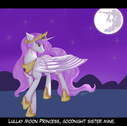 Size: 1024x1016 | Tagged: safe, artist:chibikemono, princess celestia, alicorn, pony, crying, lullaby for a princess, mare in the moon, misspelling, moon, night, sad, solo