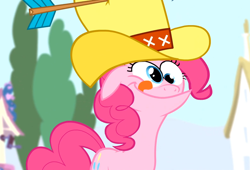 Size: 1586x1080 | Tagged: safe, screencap, pinkie pie, earth pony, pony, pinkie pride, arrow, derp, faic, funny face, giant hat, hat, reaction image, silly, solo