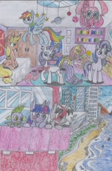 Size: 1536x2363 | Tagged: safe, artist:nephilim rider, applejack, fluttershy, pinkie pie, rainbow dash, rarity, spike, starlight glimmer, twilight sparkle, oc, oc:heaven lost, dragon, earth pony, pegasus, pony, unicorn, city, nephilim, ocean, traditional art, winged spike