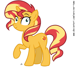 Size: 3244x2878 | Tagged: safe, artist:winter-scarf, sunset shimmer, pony, unicorn, equestria girls, mirror magic, spoiler:eqg specials, cutie mark, female, mare, raised hoof, simple background, smiling, solo, transparent background, vector