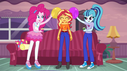 Size: 1024x576 | Tagged: safe, artist:limedazzle, part of a set, pinkie pie, sonata dusk, sunset shimmer, better together, equestria girls, balloon, clothes, converse, cup, cupcake, eyes closed, female, food, geode of sugar bombs, pants, ponytail, shirt, shoes, smiling, sofa, static electricity