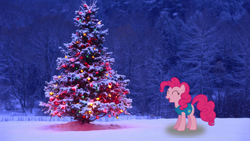 Size: 1920x1080 | Tagged: safe, artist:lexuzieel, edit, pinkie pie, earth pony, pony, winter wrap up, christmas lights, christmas tree, clothes, eyes closed, female, irl, laughing, mare, photo, ponies in real life, shadow, snow, solo, tree, vector, vest, wallpaper, weather team, winter wrap up vest