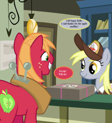 Size: 660x720 | Tagged: safe, edit, edited screencap, screencap, big macintosh, derpy hooves, the break up breakdown, cropped, hat, horse collar, implied sugar belle, mailmare hat, parcel, post office, speech bubble, text