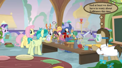 Size: 592x333 | Tagged: safe, edit, edited screencap, screencap, doctor whooves, fire flicker, fluttershy, midnight snack (character), sandbar, starlight glimmer, summer meadow, bird, pegasus, pony, a horse shoe-in, chalkboard, classroom, cropped, doctor who, erlenmeyer flask, fan, friendship student, pillow, school of friendship, school reunion, scissors, thought bubble, weight