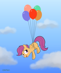 Size: 829x1000 | Tagged: safe, artist:empyu, pinkie pie, scootaloo, pegasus, pony, 30 minute art challenge, balloon, female, filly, floating, flying, scootaloo can fly, scootaloo can't fly, solo, then watch her balloons lift her up to the sky