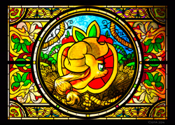 Size: 2520x1800 | Tagged: safe, artist:cigitia, applejack, earth pony, pony, farm, modern art, nouveau, plant, solo, stained glass, sweet apple acres