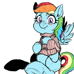 Size: 1500x1500 | Tagged: safe, artist:nekubi, derpibooru import, rainbow dash, pegasus, pony, chest fluff, clothes, cute, fluffy, keyhole turtleneck, open-chest sweater, sitting, solo, sweater, tuft, turtleneck