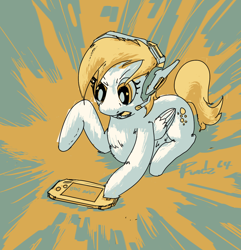 Size: 1322x1374 | Tagged: safe, artist:fundz64, derpy hooves, color palette challenge, d.va headphones, focused, game over, gameboy advance, headset, limited palette, lying down, solo