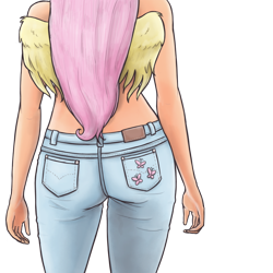 Size: 1000x1000 | Tagged: safe, artist:king-kakapo, fluttershy, human, ass, clothes, cute, cutie mark, flutterbutt, humanized, jeans, multiple variants, simple background, solo, topless, transparent background, winged humanization