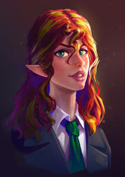 Size: 1024x1448 | Tagged: dead source, safe, artist:sunset tide, sunset shimmer, human, clothes, elf ears, female, humanized, necktie, simple background, solo, suit, unicorns as elves