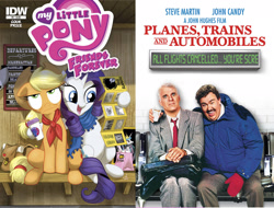 Size: 1978x1504 | Tagged: safe, artist:amy mebberson, idw, applejack, rarity, earth pony, pony, unicorn, friends forever, comic, comparison, cover, john candy, john hughes, planes trains and automobiles, steve martin