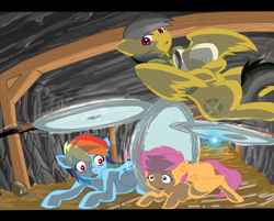 Size: 3288x2645 | Tagged: safe, artist:jeremy3, derpibooru import, daring do, rainbow dash, scootaloo, pegasus, pony, high res, saw, sawblade, trap (device), trio, tunnel