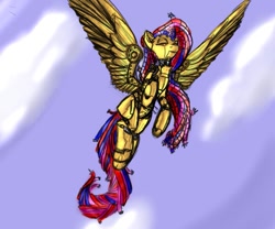 Size: 979x816 | Tagged: safe, artist:magello, fluttershy, pegasus, pony, robot, color, eyes closed, female, flutterbot, flying, solo, wings