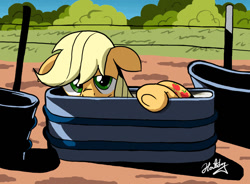 Size: 1024x753 | Tagged: safe, artist:hotdog, applejack, earth pony, pony, cute, floppy ears, horses doing horse things, jackabetes, looking at you, peeking, ponified animal photo, silly, silly pony, solo, trough, underhoof, water trough, who's a silly pony