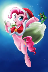 Size: 1000x1500 | Tagged: safe, artist:d-lowell, gummy, pinkie pie, earth pony, pony, cape, christmas, clothes, hat, moon, sack, santa hat, santa sack, solo