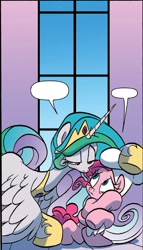 Size: 744x1305 | Tagged: safe, idw, pinkie pie, princess celestia, alicorn, earth pony, pony, spoiler:comic, bedroom eyes, chef's hat, exploitable, eye contact, frown, hat, official comic, spread wings, template, wide eyes, worried