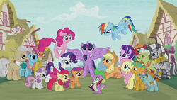 Size: 1280x720 | Tagged: safe, screencap, apple bloom, applejack, big macintosh, carrot cake, cup cake, fluttershy, granny smith, mayor mare, pinkie pie, rainbow dash, rarity, scootaloo, snails, snips, spike, starlight glimmer, sweetie belle, twilight sparkle, twilight sparkle (alicorn), zecora, alicorn, dragon, earth pony, pegasus, pony, unicorn, book, colt, cutie mark, cutie mark crusaders, female, filly, intro, male, mane seven, mane six, mare, opening, ponyville, quill, stallion, the cmc's cutie marks