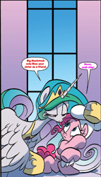 Size: 584x1024 | Tagged: safe, artist:jay fosgitt, edit, idw, pinkie pie, princess celestia, alicorn, earth pony, pony, spoiler:comic, bedroom eyes, chef's hat, hat, shipping denied, worried