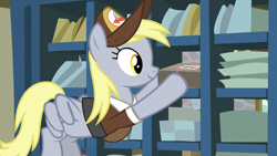 Size: 1920x1080 | Tagged: safe, screencap, derpy hooves, pegasus, pony, the break up breakdown, envelope, female, flying, hat, mailmare, mailmare hat, mare, package, post office, saddle bag, solo