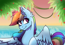 Size: 1000x700 | Tagged: safe, artist:vale-bandicoot96, derpibooru import, rainbow dash, pegasus, pony, beach, cute, dashabetes, ear fluff, eye clipping through hair, female, mare, solo, sunset, white pupils, wing fluff