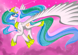 Size: 4677x3307 | Tagged: safe, artist:siranarchy95, princess celestia, alicorn, pony, female, flying, horn, mare, multicolored mane, solo, white coat