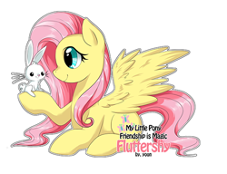 Size: 600x460 | Tagged: safe, artist:yoonny92, angel bunny, fluttershy, pegasus, pony, prone, simple background, smiling, spread wings