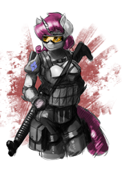 Size: 1024x1448 | Tagged: safe, artist:greenfireartist, rarity, anthro, alternate hairstyle, big breasts, breasts, female, goggles, gun, raritits, soldier, solo, weapon