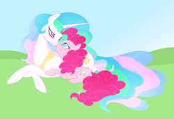 Size: 1280x878 | Tagged: safe, artist:mn27, pinkie pie, princess celestia, alicorn, earth pony, pony, bedroom eyes, boop, cuddling, cute, cutelestia, diapinkes, eye contact, female, lesbian, noseboop, nuzzling, pinkielestia, prone, shipping, smiling, snuggling