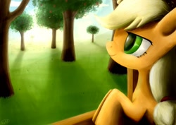 Size: 1024x723 | Tagged: safe, artist:holyroll4, applejack, earth pony, pony, fence, solo, tree