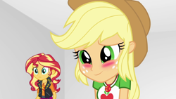 Size: 1920x1080 | Tagged: safe, screencap, applejack, sunset shimmer, better together, equestria girls, rollercoaster of friendship, blushing, geode of empathy, geode of super strength, smiling