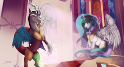 Size: 2574x1400 | Tagged: safe, artist:mechagen, discord, princess celestia, alicorn, pony, crepuscular rays, open mouth, sitting, spread wings, stained glass, throne