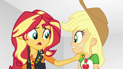 Size: 1920x1080 | Tagged: safe, screencap, applejack, sunset shimmer, better together, equestria girls, rollercoaster of friendship, female, geode of empathy, geode of super strength