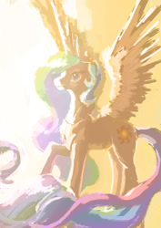 Size: 1240x1754 | Tagged: safe, artist:plainoasis, princess celestia, alicorn, pony, crown, female, horn, mare, multicolored mane, multicolored tail, solo, white coat, white wings, wings