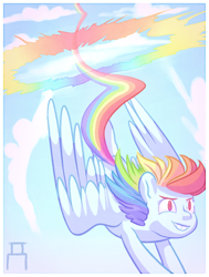 Size: 1280x1696 | Tagged: safe, artist:artiermis, derpibooru import, rainbow dash, pegasus, pony, female, flying, mare, rainbow trail, smiling, solo, sonic rainboom