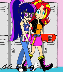 Size: 736x833 | Tagged: safe, artist:allexxiss, sci-twi, sunset shimmer, twilight sparkle, equestria girls, alternate costumes, book, female, human coloration, lesbian, looking at you, request, requested art, scitwishimmer, shipping, shoes, skateboard, sneakers, sunsetsparkle