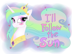 Size: 1024x768 | Tagged: safe, artist:andypriceart, artist:krazykari, princess celestia, alicorn, pony, blushing, bust, eyeshadow, i'll follow the sun, makeup, portrait, smiling, solo, song reference, the beatles