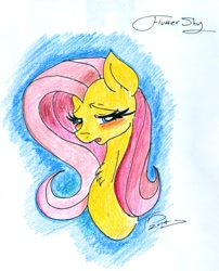 Size: 1538x1908 | Tagged: safe, artist:digitaldomain123, fluttershy, pegasus, pony, blushing, bust, colored, solo, traditional art