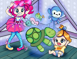 Size: 3900x3000 | Tagged: safe, artist:looji, pinkie pie, pumpkin cake, bird, butterfly, human, monkey, turtle, baby cakes, humanized, magic, scene interpretation