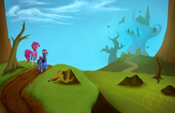 Size: 1020x660 | Tagged: safe, artist:xormak, derpibooru import, pinkie pie, rainbow dash, earth pony, griffon, pegasus, pony, the lost treasure of griffonstone