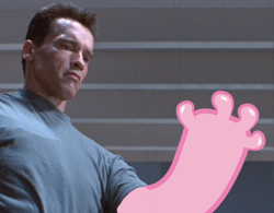 Size: 462x360 | Tagged: safe, pinkie pie, arnold schwarzenegger, barely pony related, crossover, finger, fingers, hand, terminator