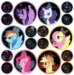 Size: 1000x1003 | Tagged: safe, artist:lifyen, derpibooru import, applejack, fluttershy, pinkie pie, rainbow dash, rarity, twilight sparkle, twilight sparkle (alicorn), alicorn, earth pony, pegasus, pony, unicorn, badge, female, mane six, mare