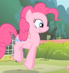 Size: 648x693 | Tagged: safe, screencap, pinkie pie, earth pony, pony, filli vanilli, pronking, reaction image, silly, smiling, solo