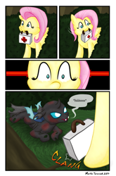 Size: 2025x3067 | Tagged: safe, artist:maerafey, fluttershy, changeling, pegasus, pony, a little kindness (comic), comic, injured, medkit