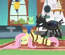 Size: 1024x862 | Tagged: safe, artist:radiantrealm, fluttershy, changeling, pegasus, pony, bondage, captured, damsel in distress, fluttershy's cottage, show accurate, tied up