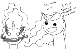 Size: 1210x760 | Tagged: safe, artist:plion, princess celestia, alicorn, pony, derp, humer, lune, monochrome, solo