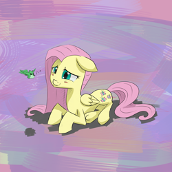 Size: 2048x2048 | Tagged: safe, artist:chaosmalefic, fluttershy, hummingbird, pegasus, pony, floppy ears, prone, solo