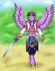 Size: 1417x1838 | Tagged: safe, artist:flameydragwasp, derpibooru import, twilight sparkle, twilight sparkle (alicorn), alicorn, anthro, female, solo, standing, sword